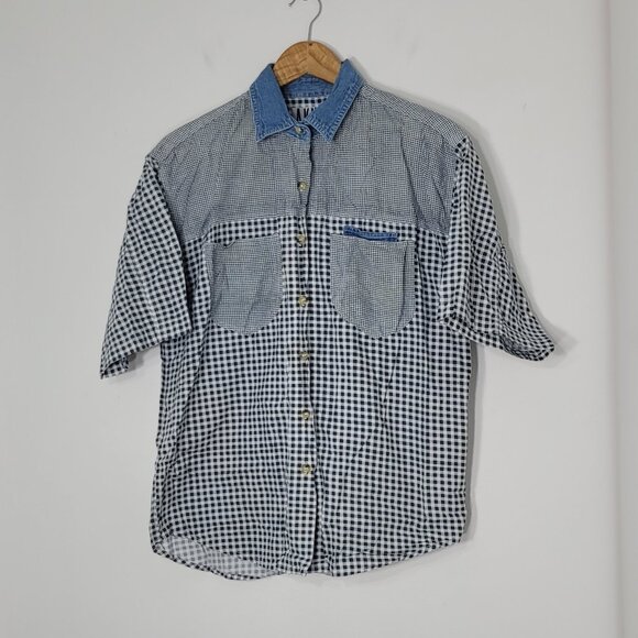 Akny Vintage Jean Blue White Gingham 100% Cotton Short Sleeve Button-Up Shirt L - Picture 2 of 10